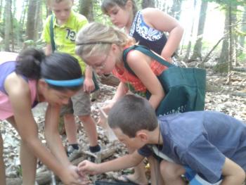 The Boothbay Region Land Trust offered free environmental education throughout the summer at Camp Knickerbocker through its partnership with the BRYMCA. These campers are looking closely at a centipede that was found during a study of rotting logs. The land trust is actively raising money to sustain its education program as part of its Stewardship Campaign. For more information about the campaign and upcoming educational events, call (207) 633-4818 or visit bbrlt.org. Courtesy of BRLT