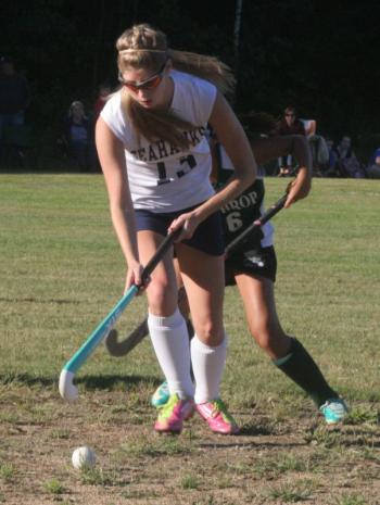 Lady Seahawk junior Nicole LaBrecque gains possession of the ball against Winthrop in Friday’s home field hockey game. KEVIN BURNHAM/Boothbay Register