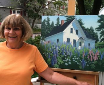 Artist Sarah Greenier and her oil painting “Lupine House.” Courtesy of St. Andrews Church