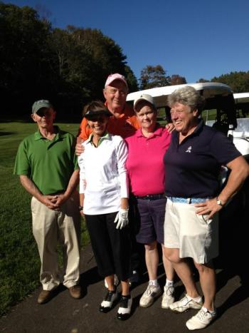 Charley and his “Angels.” From left: Josh Taylor, Pat Heiges, Charley Johnson, Gail Blanchard and Kathy Heaton. JOE GELARDEN/Boothbay Register 