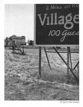 View of the Boothbay Baptist Church in 1965 as seen from the location of Simmons, Harrington and Hall Funeral Home on Route 27. Courtesy of Rupe Neily