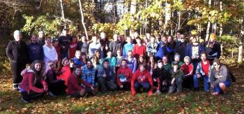 The Wiscasset Middle School eighth grade and their chaperones arrive at Chewonki. Courtesy of Betta Stothart/Chewonki 