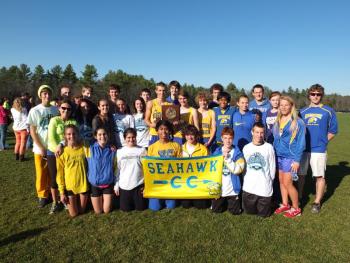 The Boothbay Region High School cross country team. The boys team celebrated its second state title in five years, and the girls team placed fifth out of 10 teams on November 2 in Cumberland. Front row, from left are Kate Friant, Sophia Thayer, Genevieve Taylor, Karl Alamo, Sam Betts, Noah Sherburne and David Machon. Middle row Coach Lauren Forgues, Tori Schmid, Ashley Reed, Brooke Alley, Shaw Pinkham, Benn Scully, Robert Campbell, Joey Paolillo, Kyle Alamo, Hannah Morley, Tori Rackcliff, Morgan Crocker.