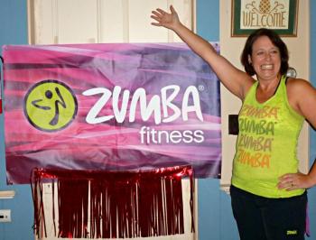 Sarah Brewer, in full Zumbawear getup, getting ready to teach a class at the Lions Club. KATRINA CLARK/Boothbay Register