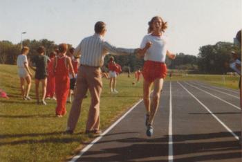 Mike “Big Scar” Scarborough in his swifter days. Finish of a cross-country race, circa 1972, in New Canaan, Conn.