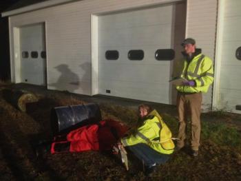 Emergency workers check on a “victim” of a bus-truck collision during a November 7 disaster drill on Route 27 in Wiscasset. SUSAN JOHNS/Wiscasset Newspaper