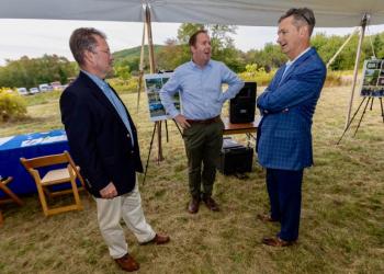 Mark Vannoy, President of Maine Water; Ian Stewart, Executive Director of the Coastal Mountain Land Trust; and Eric Thornburg, President and CEO of the SJW Group, of which Maine Water is a part. (Image courtesy Coastal Mountains Land Trust)