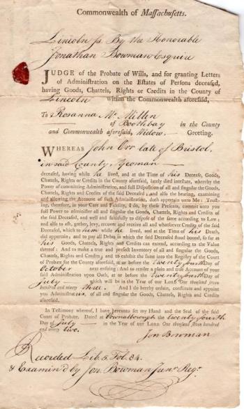 Contrary to the popular belief that few 18th-century women owned property, the Boothbay Region Historical Society's archival collections contain evidence that many women bought, sold, and inherited property – like this 1792 document naming Rosanna McMillen administrator of the estate of her late father, John Orr.  One of the areas of greatest interest to visitors is the Society’s extensive collection of local genealogical information. Since completing the History Files, volunteers have been digitizing the S