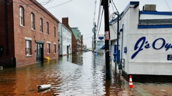 A street flooded in Portland, Maine.