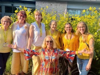 Finding Our Voices survivor-panelists at CMBG. From left: Mary Lou Smith, Christine Buckley, Sarah McLean, Hannah Marden Johnson, Rebekah Lowell, and Ida Rose.; front -Patrisha McLean, the nonprofit’s CEO and founder. Courtesy photo