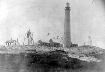 1859 Petit Manan Island lighthouse with 1817 lighthouse at far right (Photo courtesy National Archives/MCINWR)