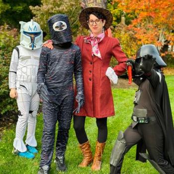 Stephanie Curcione and students in costume. (Photo courtesy Rockport Public Library)