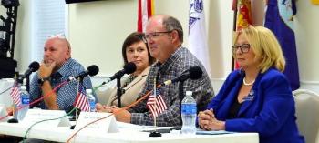 Candidates respond to moderator questions at a debate Oct. 3 in Boothbay. From left Dale Harmon, Cameron Reny, Bill Hunt and Holly Stover. FRITZ FREUDENBERGER/Boothbay Register