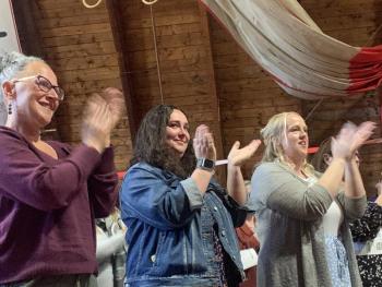 Applauding Hallowell Oct. 10 were are, from left, 2024 Franklin County Teacher of the Year Vickie Lailer, 2024 Androscoggin County Teacher of the Year Leah Boucher and 2024 Washington County Teacher of the Year Ashley Cirone. SUSAN JOHNS/Wiscasset Newspaper 