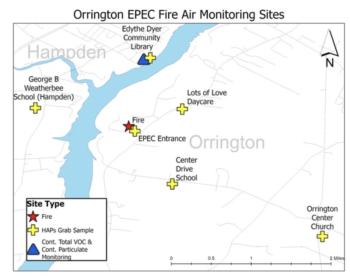 Air monitoring sites in Orrington following the trash-to-energy incinerator fire. (Image courtesy Maine DEP)