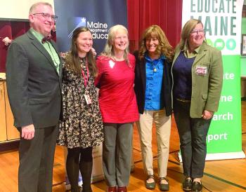 From left, outgoing Maine Teacher of the Year Joshua Chard, WES Principal Stacey Clements, Hallowell, Maine Education Commissioner Pender Makin and Superintendent of Schools Kim Andersson. SUSAN JOHNS/Wiscasset Newspaper 