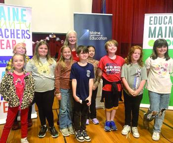 Hallowell with some of her fourth graders. SUSAN JOHNS/Wiscasset Newspaper 