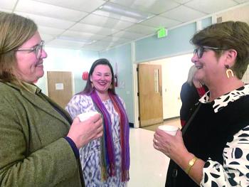 From left, Wiscasset Superintendent of Schools Kim Andersson, Partners in Education Co-Chair Annaiiese Hart Inchaurregui and school committee member Tracey Whitney at the reception. SUSAN JOHNS/Wiscasset Newspaper 