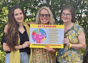 Patrisha McLean, CEO and Founder of Finding Our Voices, center, flanked by the nonprofit’s Chief of Staff Mary Kamradt (right), Patrisha’s daughter and FOV volunteer Jackie McLean Strack. Jackie is featured in the group’s poster campaign referencing abuse by her father. She also provides the music for Patrisha’s Podcast “Let’s Talk About It.”  Finding Our Voices photo