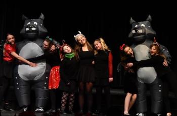 Enilea Burns, Evie Roy, Harper Westhaver, Violet Baldwin, Adeline Inman, and Kaylee Wayda sing "I Want A Hippopotamus for Christmas" with hippo dancers, Hamilton Pierpan, Sarah Harris, and Collin Cantillo. 