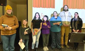 From left, Megan Phillips, Alice Morier, Octavia Aurora, Eleanor Frey, Bisi Cameron Yee, and Neal Lofgren were recognized by Julia Bouwsma. Courtesy photo