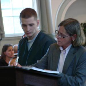 Kelby Hampson, left, appears in a Wiscasset courtroom September 27 with defense lawyer Lisa Whittier. SUSAN JOHNS/Wiscasset Newspaper