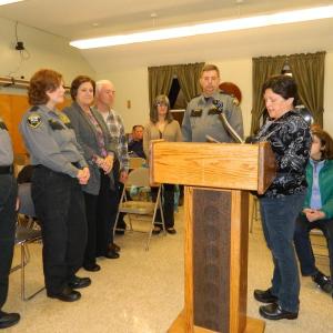 Two Bridges Regional Jail volunteers receive the Spirit of America Tribute from the town of Wiscasset. Left to right, Program Officers Susan Sutter, Heidi Grover, volunteers LaVonne Carey, Ron Carey, Lucy Smith, Major Mark Anderson and Selectman Pam Dunning. CHARLOTTE BOYNTON/Wiscasset Newspaper