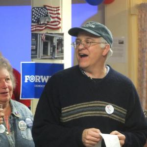 Mick Devin announces the first round of results at Lincoln Country Democrat headquarters in Damariscotta November 6.