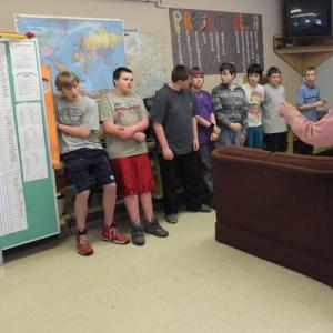 Eighth graders in the Project Reach program at Wiscasset Middle School participate in a team-building exercise with instructor Jason Drake on a Thursday afternoon. JOHN MAGUIRE/Wiscasset Newspaper