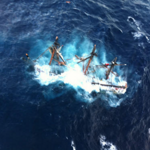 An aerial view of the sinking HMS Bounty. Courtesy Petty Officer 2nd Class Tim Kuklewski, U.S. Coast Guard