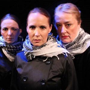 Three weird sisters in Heartwood’s contemporary “Macbeth.” From left are Mary Boothby, Dana Wieluns and Margo O’Leary. Remaining shows run May 3-11. Courtesy of Heartwood Theater