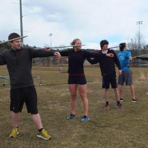 Javelin throwers poised to throw spears during track and field practice at Boothbay Region High School April 2. RYAN LEIGHTON/Staff Reporter