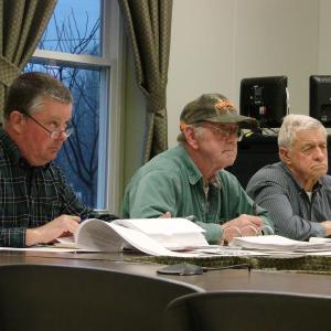 Wiscasset Budget Committee members Kent Reed, left, Bill Barnes and Ray Soule take part in the panel's April 18 meeting. SUSAN JOHNS/Wiscasset Newspaper