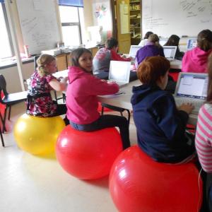 Wiscasset Middle School students try out the new exercise balls that were purchased with the Let’s Go Grant. Courtesy of Wiscasset Middle School