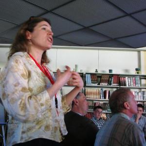 Wiscasset High School social studies teacher Kelley Duffy speaks from the audience May 5 at a presentation the school made to a visiting panel of educators. SUSAN JOHNS/Wiscasset Newspaper