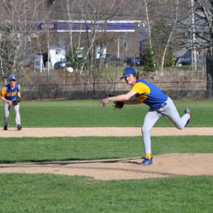 Brad Drummond fires a first-inning pitch May 1 against the Winthrop Ramblers. BEN BULKELEY/Boothbay Register