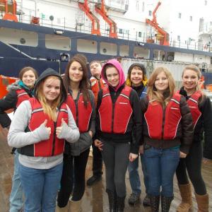 WHS freshmen get prepared for a Discovery Voyage at Maine Maritime Academy. Participants include, left to right, Gabby Wenners, Brittany Gagnon, Kendra Chancellor, Kyle Green, Kennedy Orr, Joey McGraf, Samantha Arsenault and Erika Auger. Courtesy of Wiscasset High School