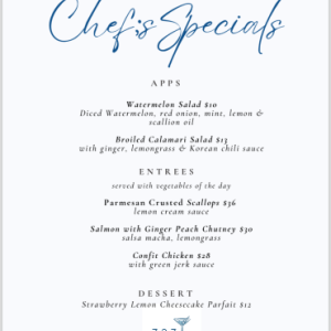 Chef Ethan Cosby’s specials Menu 