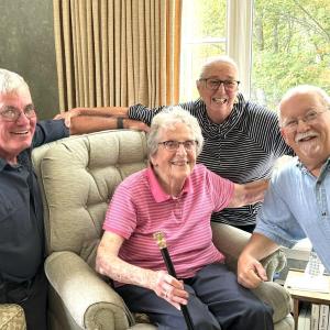 Selectmen Gerry Gamage, Mary Lou Thompson Koskela and Smith Climo present Evelyn Luther Pratt Sherman with the Boston Post Cane Sept. 18. Sarah Sherman photo 