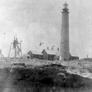 1859 Petit Manan Island lighthouse with 1817 lighthouse at far right (Photo courtesy National Archives/MCINWR)