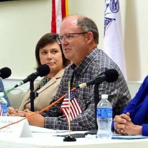 Candidates respond to moderator questions at a debate Oct. 3 in Boothbay. From left Dale Harmon, Cameron Reny, Bill Hunt and Holly Stover. FRITZ FREUDENBERGER/Boothbay Register