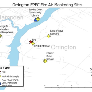 Air monitoring sites in Orrington following the trash-to-energy incinerator fire. (Image courtesy Maine DEP)