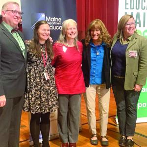 From left, outgoing Maine Teacher of the Year Joshua Chard, WES Principal Stacey Clements, Hallowell, Maine Education Commissioner Pender Makin and Superintendent of Schools Kim Andersson. SUSAN JOHNS/Wiscasset Newspaper 