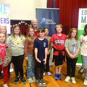 Hallowell with some of her fourth graders. SUSAN JOHNS/Wiscasset Newspaper 