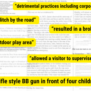 Excerpts from different child care provider directed plans of actions for inspections. Graphic by George Harvey.