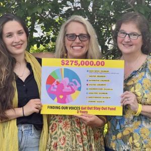 Patrisha McLean, CEO and Founder of Finding Our Voices, flanked by the nonprofit’s Chief of Staff Mary Kamradt  (right) and McLean’s daughter and Finding Our Voices volunteer, Jackie McLean Strack. Strack is featured in the group’s poster campaign referencing abuse by her father. She also provides the music for Patrisha’s Podcast “Let’s Talk About It”.  (Photo courtesy Finding Our Voices)